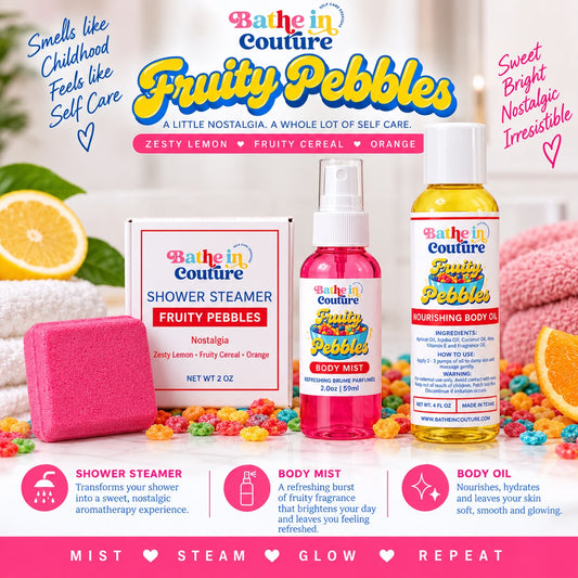 Bath Time Couture Fruity Pebbles body care set featuring a pink shower steamer, pink body mist, and yellow body oil with colorful candy-like beads, shown with citrus slices and promotional text on a white background.